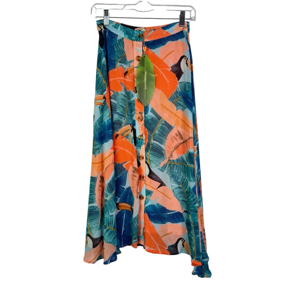 NWT FARM RIO Plantage Rio Toucan Forrest Midi Skirt Button Tropical Button XS - Picture 2 of 13